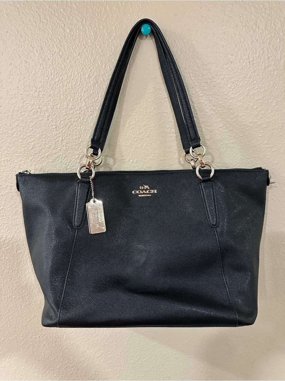Coach Black Leather Tote with Gold-Tone Tag